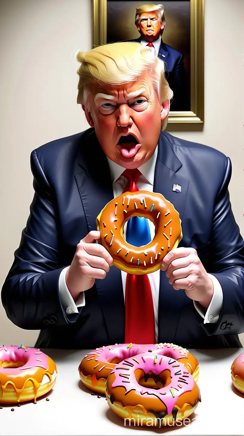 Give me a image of a Give me a image of Donald Trump Eating a donut