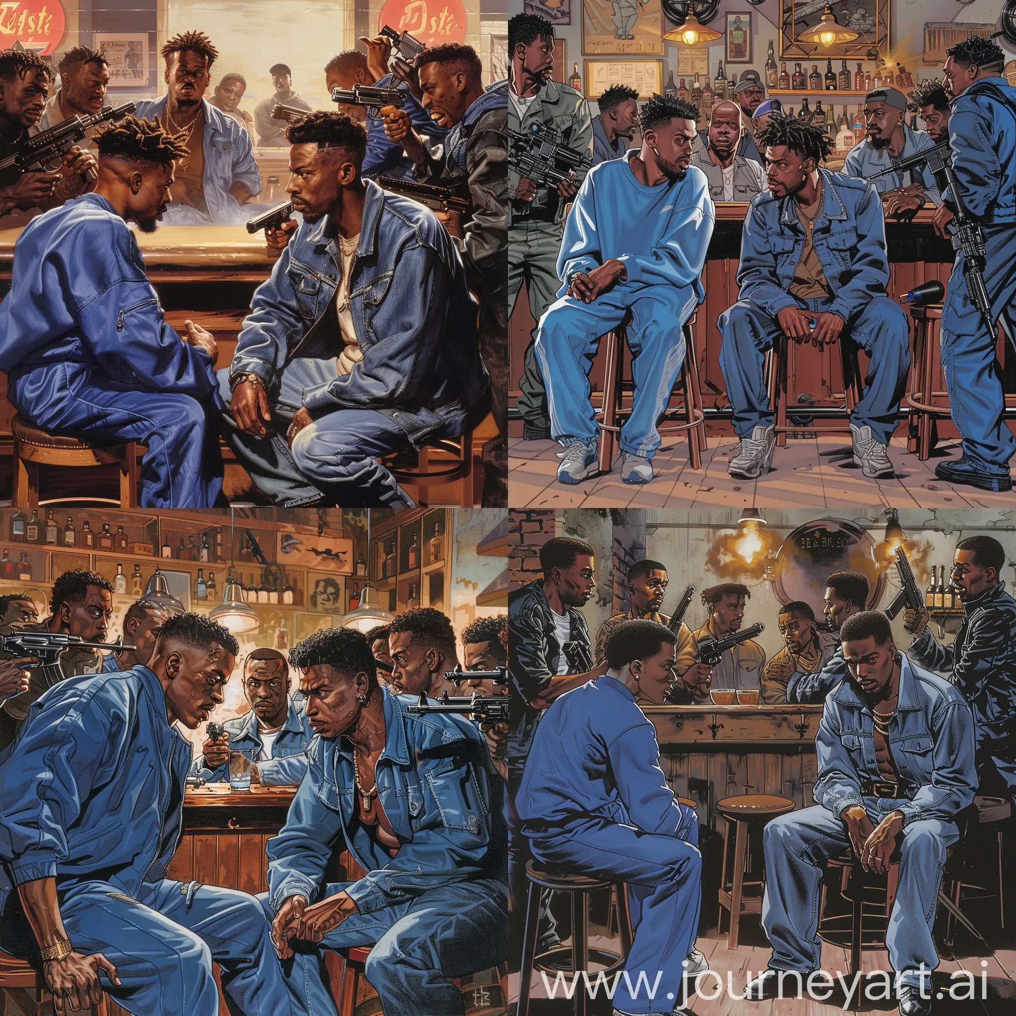 Its 1996 in a Chicago local bar. Two joung blackmen sitting at bar talking. One is lightskin wearing a blue jogging suit. The other guy is darkskin wearing a bluejean suit .The darkskin guy is surrounded by several thug looking guys all with guns pointed at the darkskin guy.