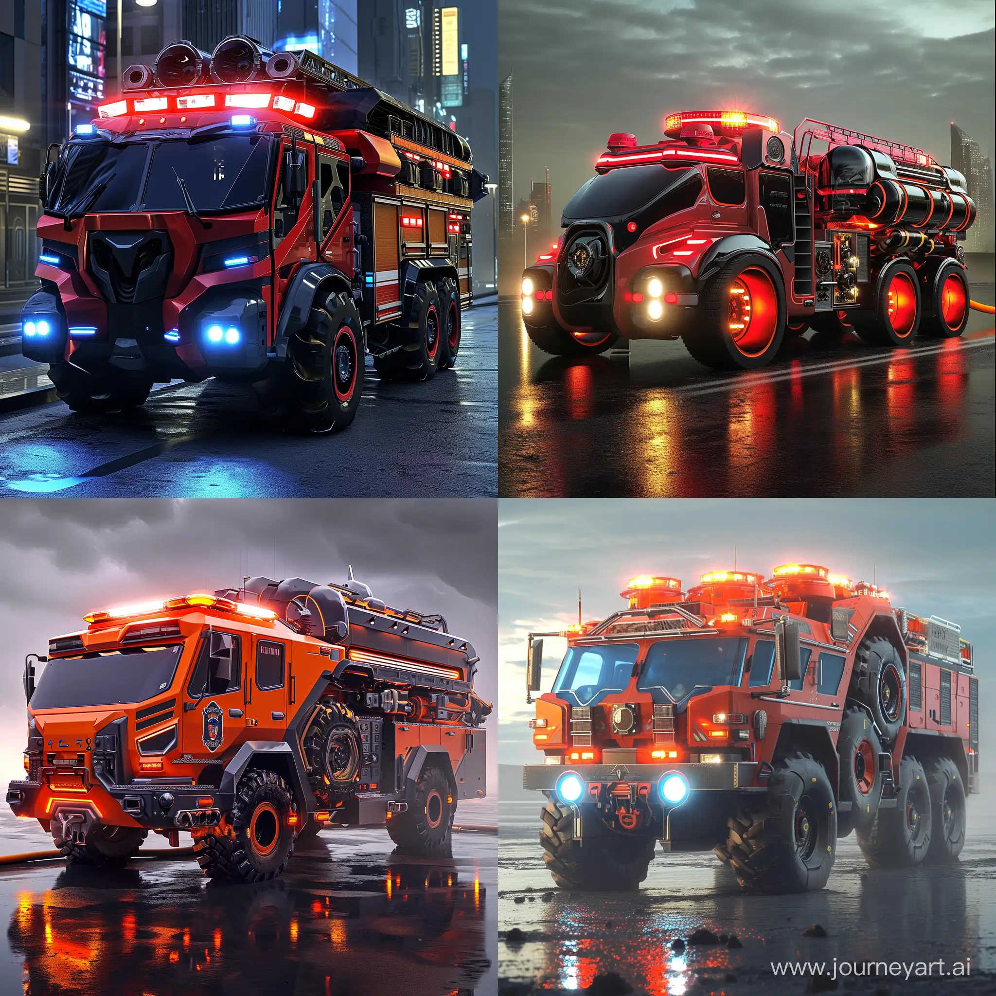 Futuristic fire truck, impact-resistant materials, artstation, DeviantArt, science fiction  --v 6