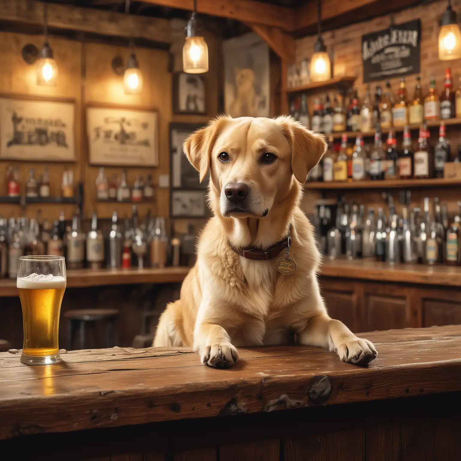 fantasy picture of a yellow dog with short hair and floppy ears at an old fashioned bar with a beer



