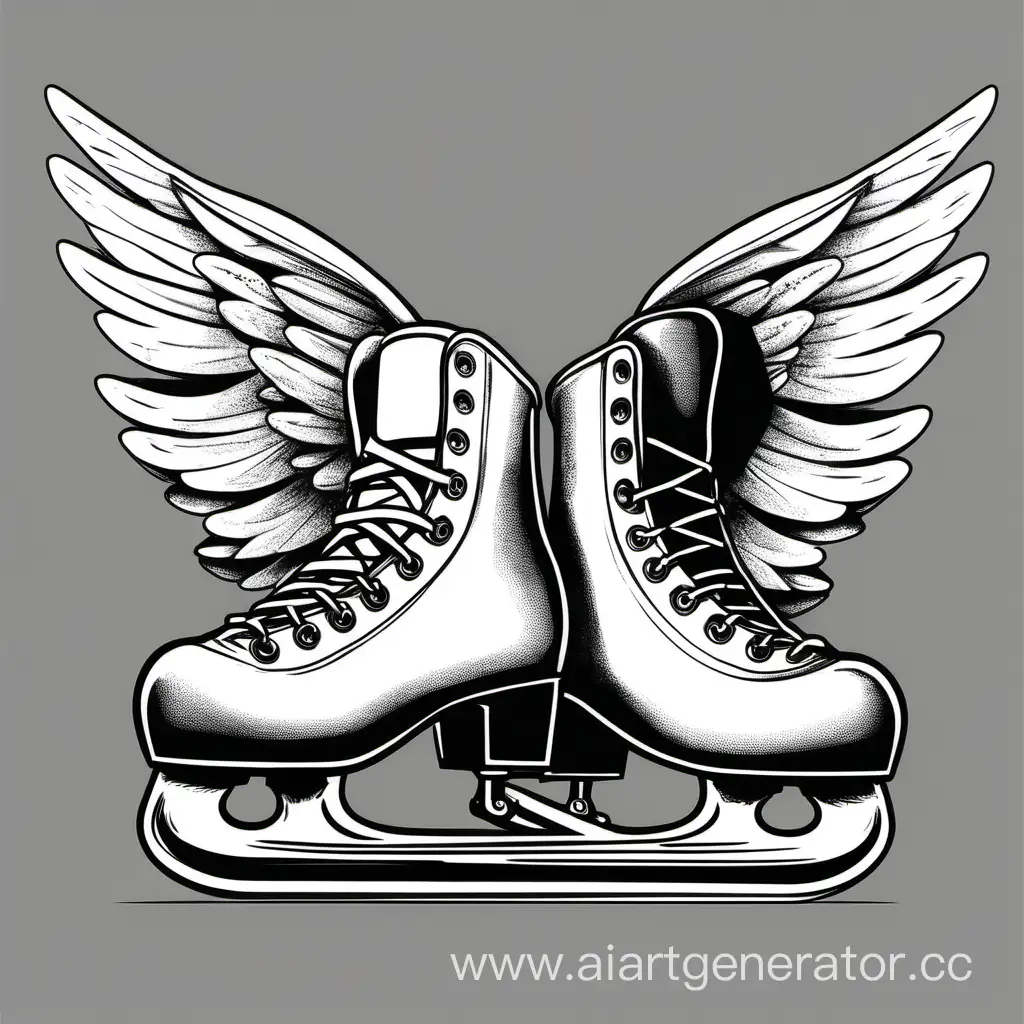 figure skates with wings, drawing, black and white
