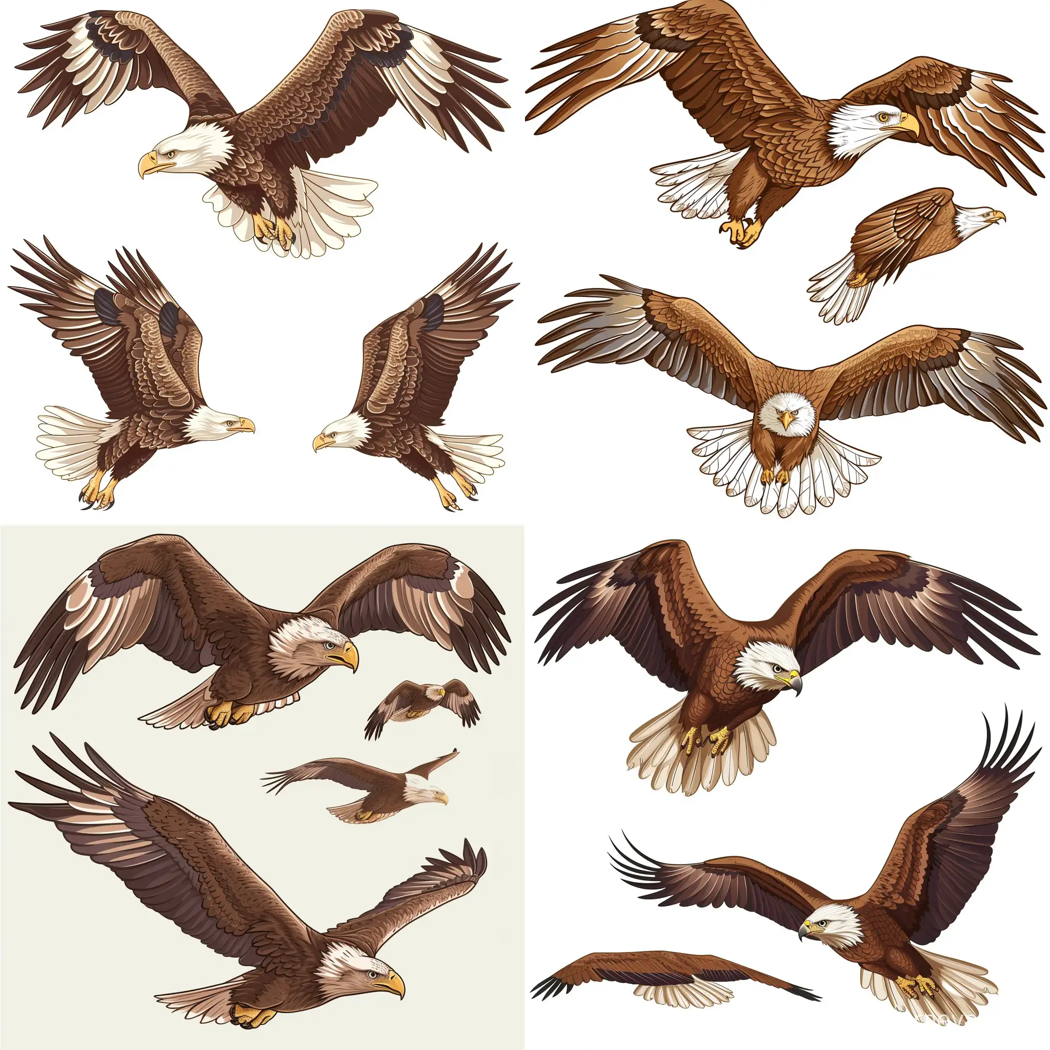 flying brown eagle top, side and bottom view, the plumage is clearly visible, unrealistic style, use the Pixar eagle cartoon style stylized for the cartoon, simple lines
