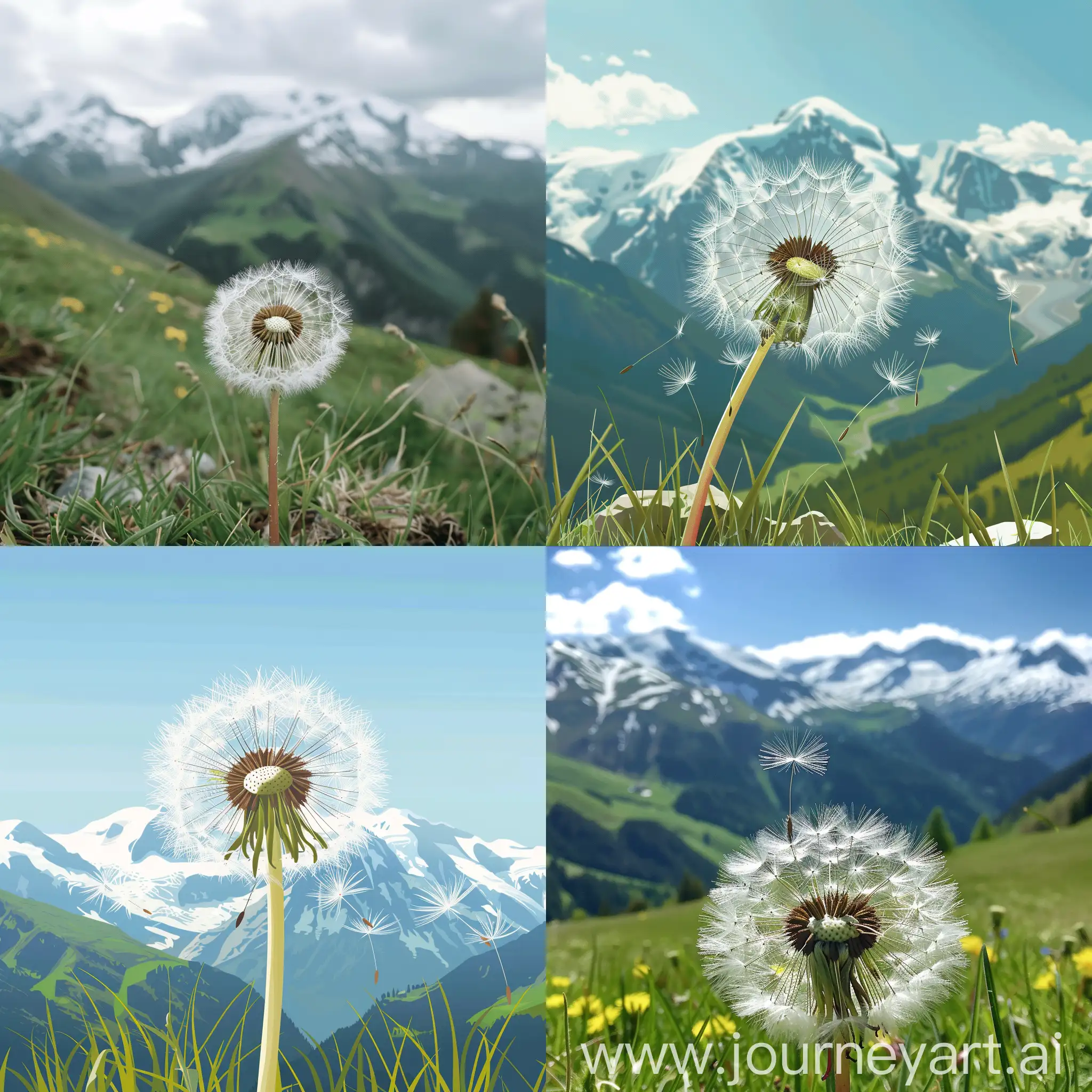 Close-up of a dandelion on a mountain meadow in the Alps, in high quality flat style