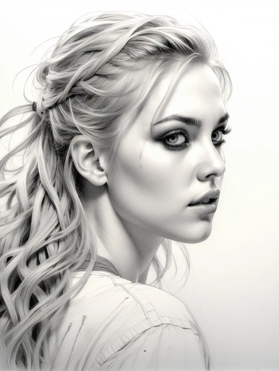Attractive Nordic Woman with Detailed Eyes and Messy Blonde Hair Penciled Concept Art