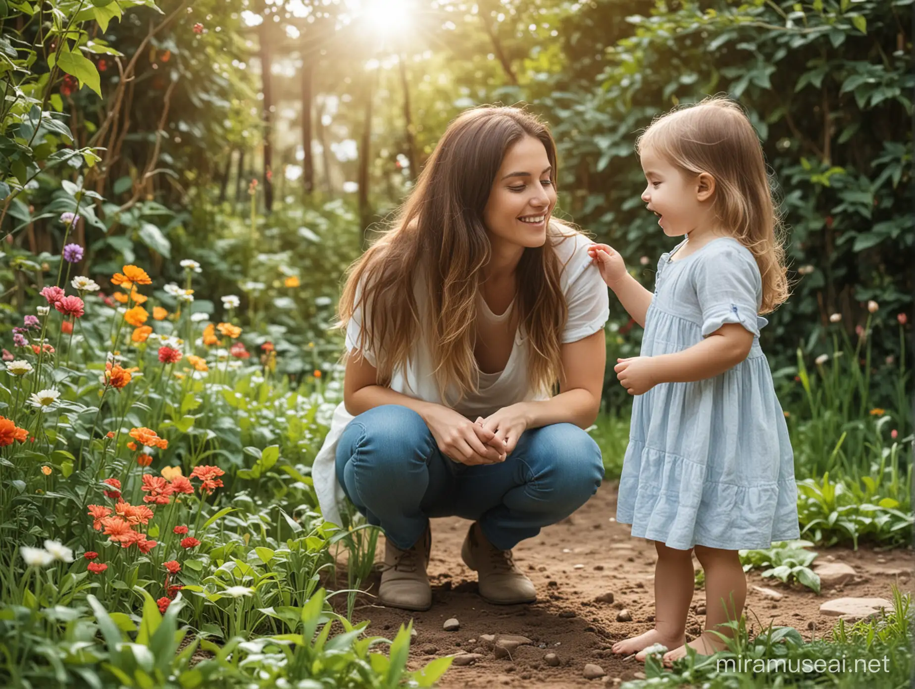 mujer conectando con su niña interior , la mujer visualiza a su niña  jugando entre el jardin 
