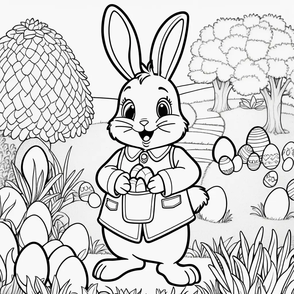 colouring book cartoon image cute excited eastern bunny is wearing cute outfit and is hiding lots of chocolate eggs in a beautiful garden