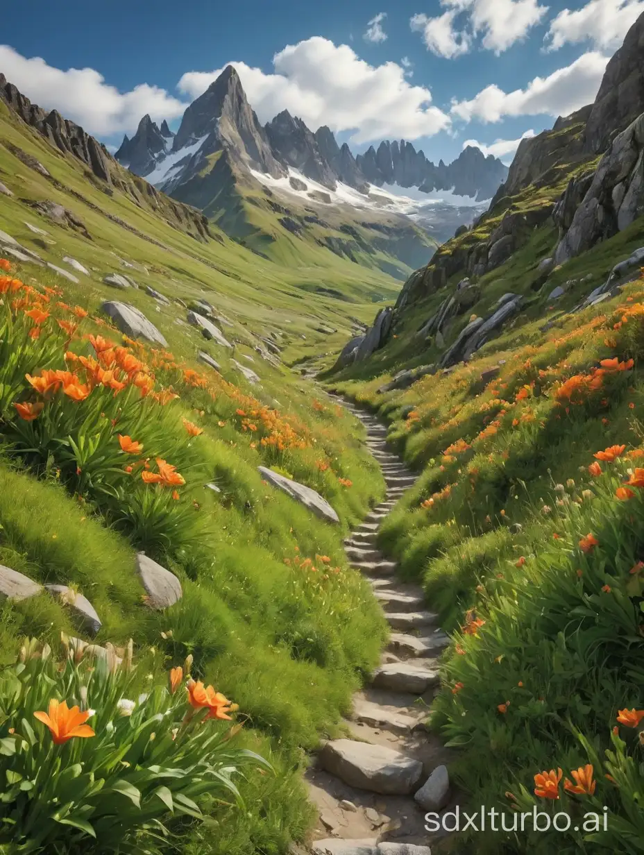"a breathtaking mountainous landscape under a clear sky with a rocky pathway covered with lush green grass and blooming orange flowers leading towards the mountains. The rocks are jagged and grey, contrasting beautifully with the vibrant greenery. Majestic snow-capped mountains rise in the background, their peaks shrouded in mist. The mountains have sharp ridges, with snow settling into their crevices highlighting their intricate structures. Layers of green hills roll softly into the distance. The sky is clear with soft white clouds scattered lightly around, allowing sunlight to illuminate the entire scene."