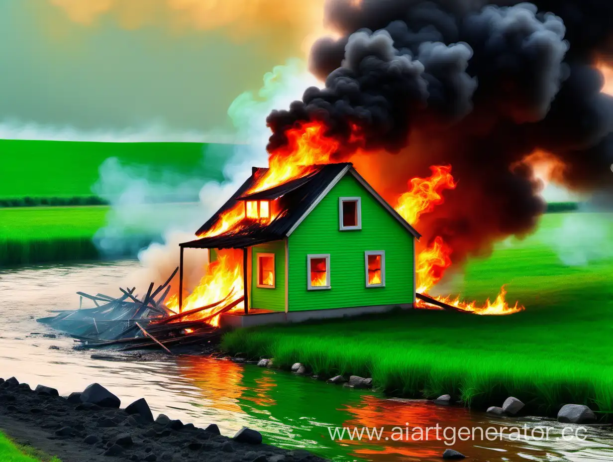 горит домик на берегу реки в сильный ветер, огонь и дым сдувает влево, яркая зеленая картинка
