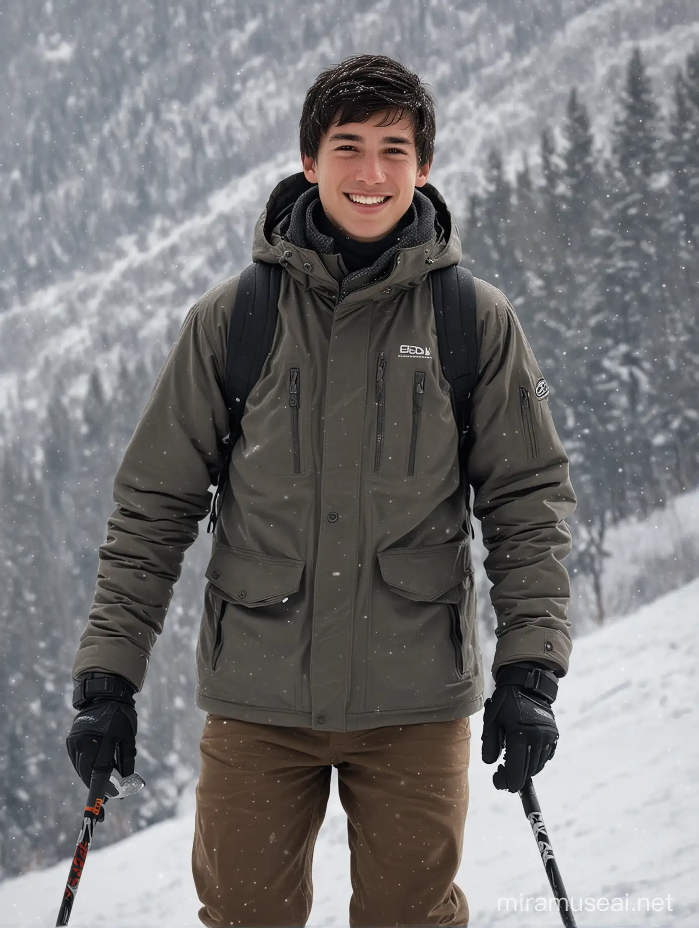 photo of a young man, 18 year old, oval face, of riding position for a picture on a snowy mountain, he is riding down the slope, he has short black haircut, he is smiling, snowy weather, cold winter evening, ski gear [consistent facial and body proportions, aesthetic design and intricate composition, refined body details, natural beauty, realism, authenticity, photorealistic, accurate colors and shades, true tone representation, authentic shadows, sharp focus, fine details, high resolution scene, subtle lighting and highlights, texture fidelity]photo of a young man, 18 year old, oval face, of riding position for a picture on a snowy mountain, he is riding down the slope, he has short black haircut, he is smiling, snowy weather, cold winter evening, ski gear [consistent facial and body proportions, aesthetic design and intricate composition, refined body details, natural beauty, realism, authenticity, photorealistic, accurate colors and shades, true tone representation, authentic shadows, sharp focus, fine details, high resolution scene, subtle lighting and highlights, texture fidelity]