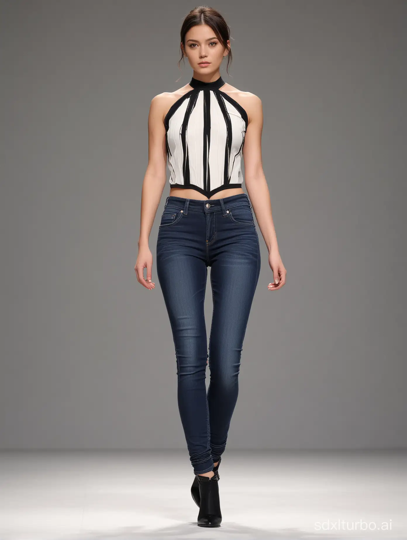 Liza gonzales in skinny jeans， walks along the runway, perky small breast hidden by a laced top，her silhouette outlined with bold lines against a clean background. The minimalist style captures every detail of her figure with simple shapes and clear lines, creating a sense of sophistication that resonates across all art forms. High resolution.