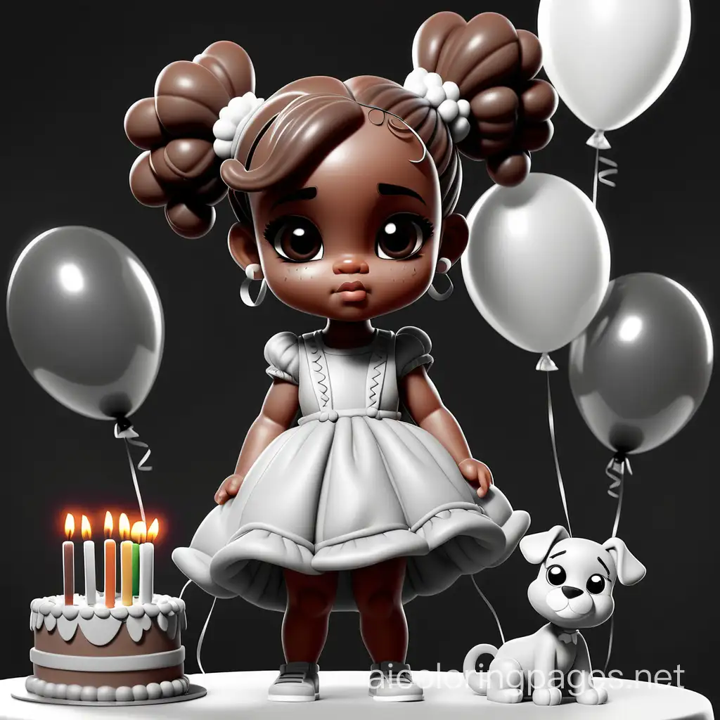 60k kintricately rendered, african american skin toddler girl with detailed face,big brown eyes with two puff ponytails hair cotton  grayscale chibi —q 2 —v 4 beautiful wearing puffy birthday dress standing in front of a birthday cake with candles sticking out the top of the cake surrounded by balloons in the background florescent lighting, Coloring Page, black and white, line art, white background, Simplicity, Ample White Space. The background of the coloring page is plain white to make it easy for young children to color within the lines. The outlines of all the subjects are easy to distinguish, making it simple for kids to color without too much difficulty