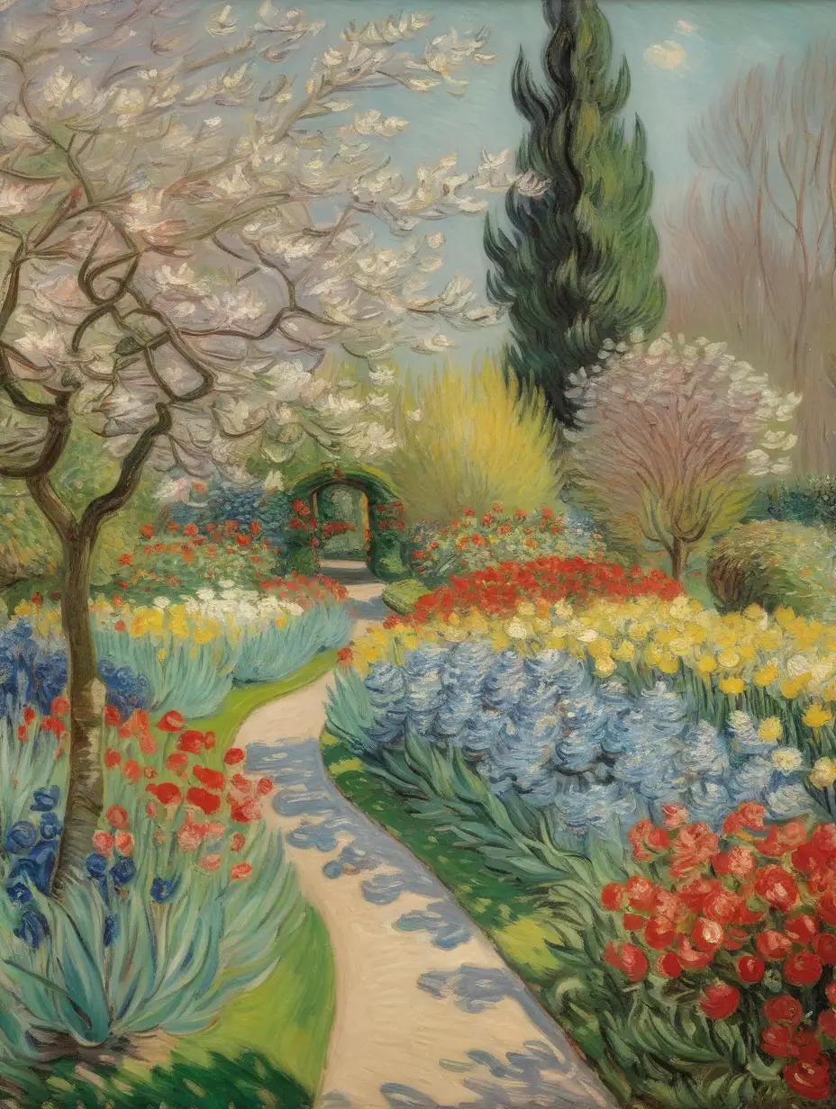 Monet, van gogh, oil painting with fine details, 19th century European garden in spring, bright colours with a dash of red, depth of field, --ar 3:4 --s 100 --q 2