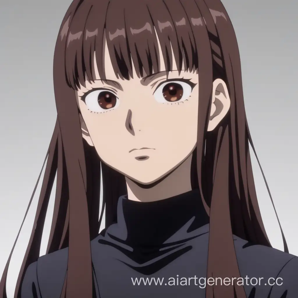 Jujutsu Kaisen screencap of a female with long straight  brown hair, cascade haircut, fair skin and brown eyes. 21 years old. She is wearing in black mini dress with long sleeves.