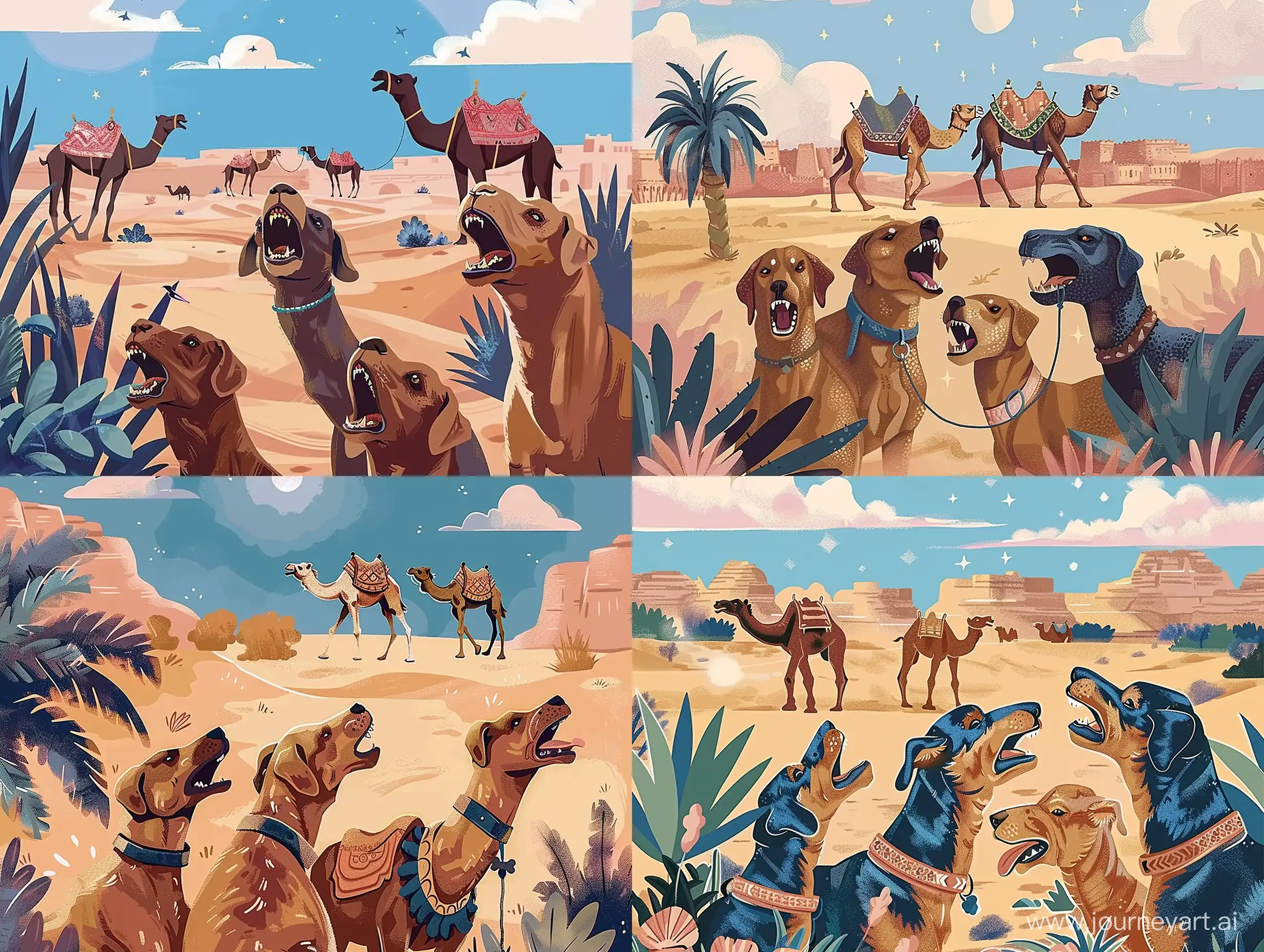 Иллюстрация на переднем плане лаят 3 собаки, на заднем плане верблюды идут спокойно по пустыни - sref https://i.pinimg.com/564x/2b/ea/95/2bea95b63f353512dfe75b8bb6cf15fd.jpg