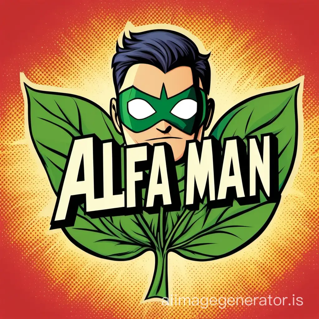 Cartoon superhero named alfa-man whose logo is an alfalfa leaf and mask is an alfalfa trifoliate.