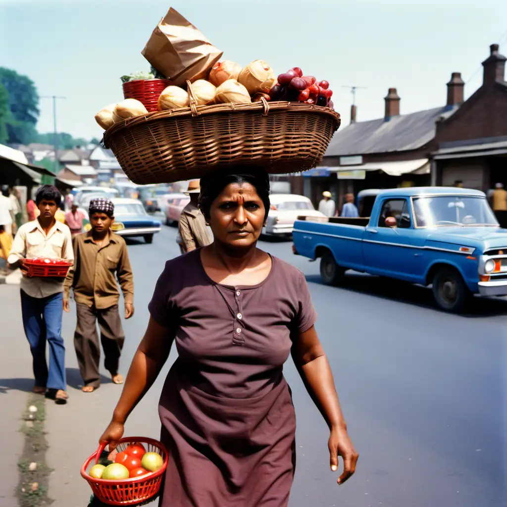 A middle aged brown woman coming from market with a basket of provisions on her head. The town is busy, there is a 1970 ford car in the background 
