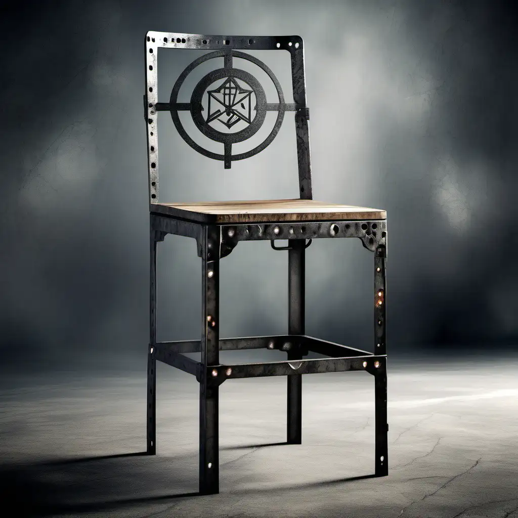 Industrial Style Chair with a mystical twist: A robust chair combining exposed steel and weathered wood, enhanced with mystical symbols and arcane engravings.