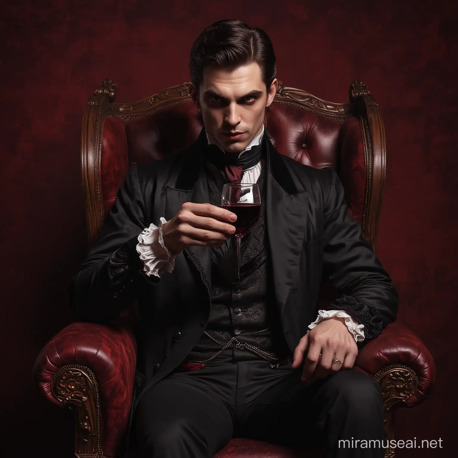 Male vampire with glowing eyes drinking a glass of wine sitting on a Victorian chair with dark red background , detailed