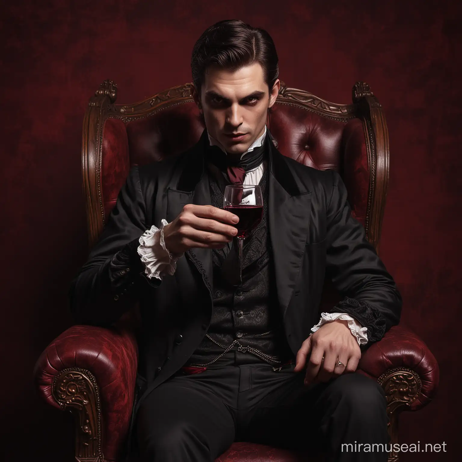 Gothic Vampire Enjoying Wine in Victorian Setting