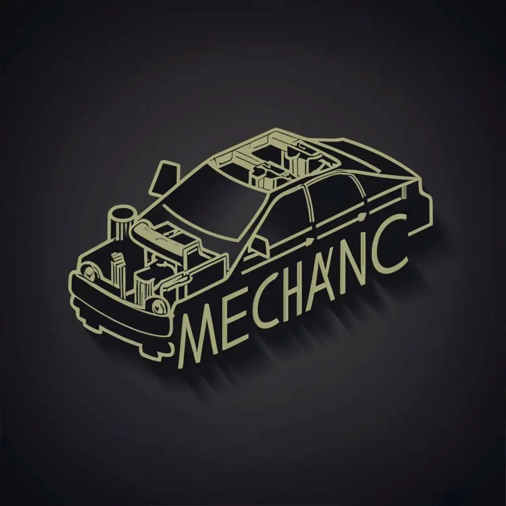 logo, abstract 3d in the silhouette of a disassembled car in black and white, with the text "mechanic", typography, be used in Automotive industry
