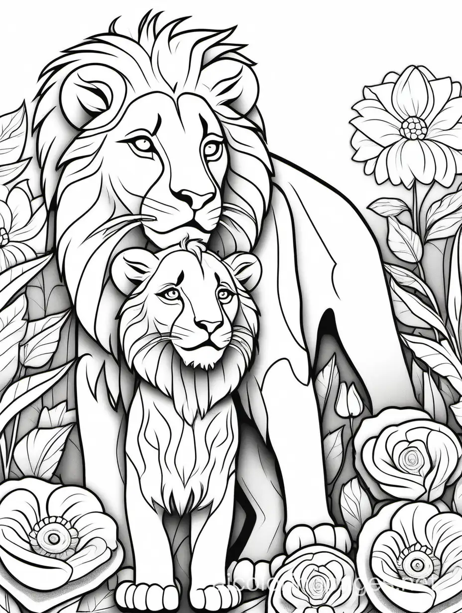 In background of flowers , close-up a cute mom and baby lion,portrait, Coloring Page, black and white, line art, white background, Simplicity, Ample White Space. The background of the coloring page is plain white to make it easy for young children to color within the lines. The outlines of all the subjects are easy to distinguish, making it simple for kids to color without too much difficulty
