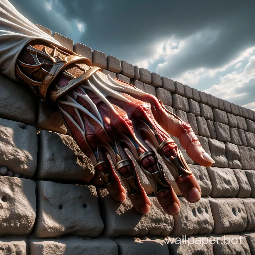 A colossal titan's gigantic hand gripping the edge of a fortress wall,intricate stone wall texture,(perfect anatomy),long sharp claws reaching the sky,best quality,4k,8k,highres,masterpiece:1.2,ultra-detailed,(realistic,photorealistic,photo-realistic:1.37),vivid colors,(sharp focus),shading and highlights,dynamic angle,sky background,HDR,UHD,studio lighting,strong atmosphere,tense,(overlooked sweeping landscape),gray,black colors [(architecture design)],(epic fantasy landscape),fearful expression on character's face, emotional