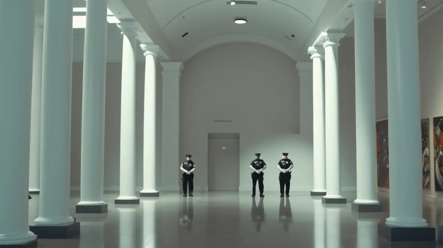 museum wide shot. inside. big white columns. art on walls. security guard
