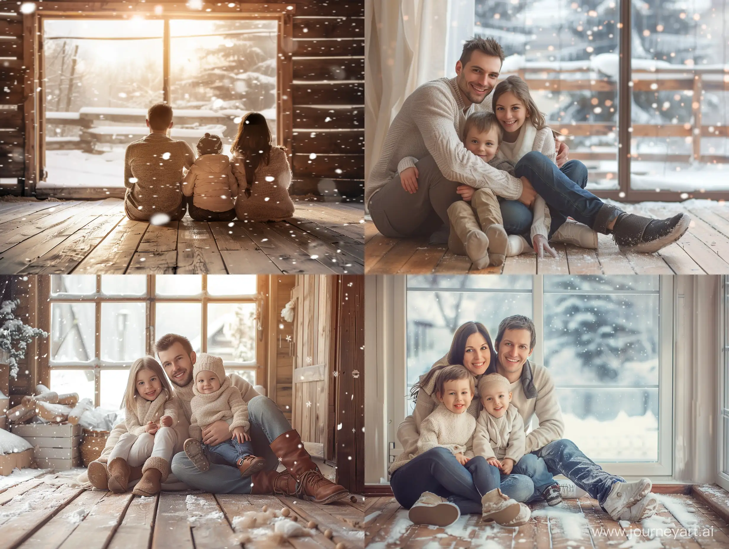 happy family sitting on a wooden warm floor in a house, in the background big window, it snows outside. warm style picture