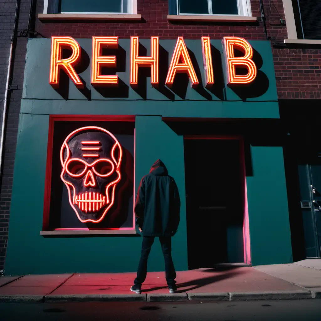 Create a photorealistic image of a quirky building with a neon sign saying ‘Rehab’ on the front of it. And a demonic figure standing in the foreground
