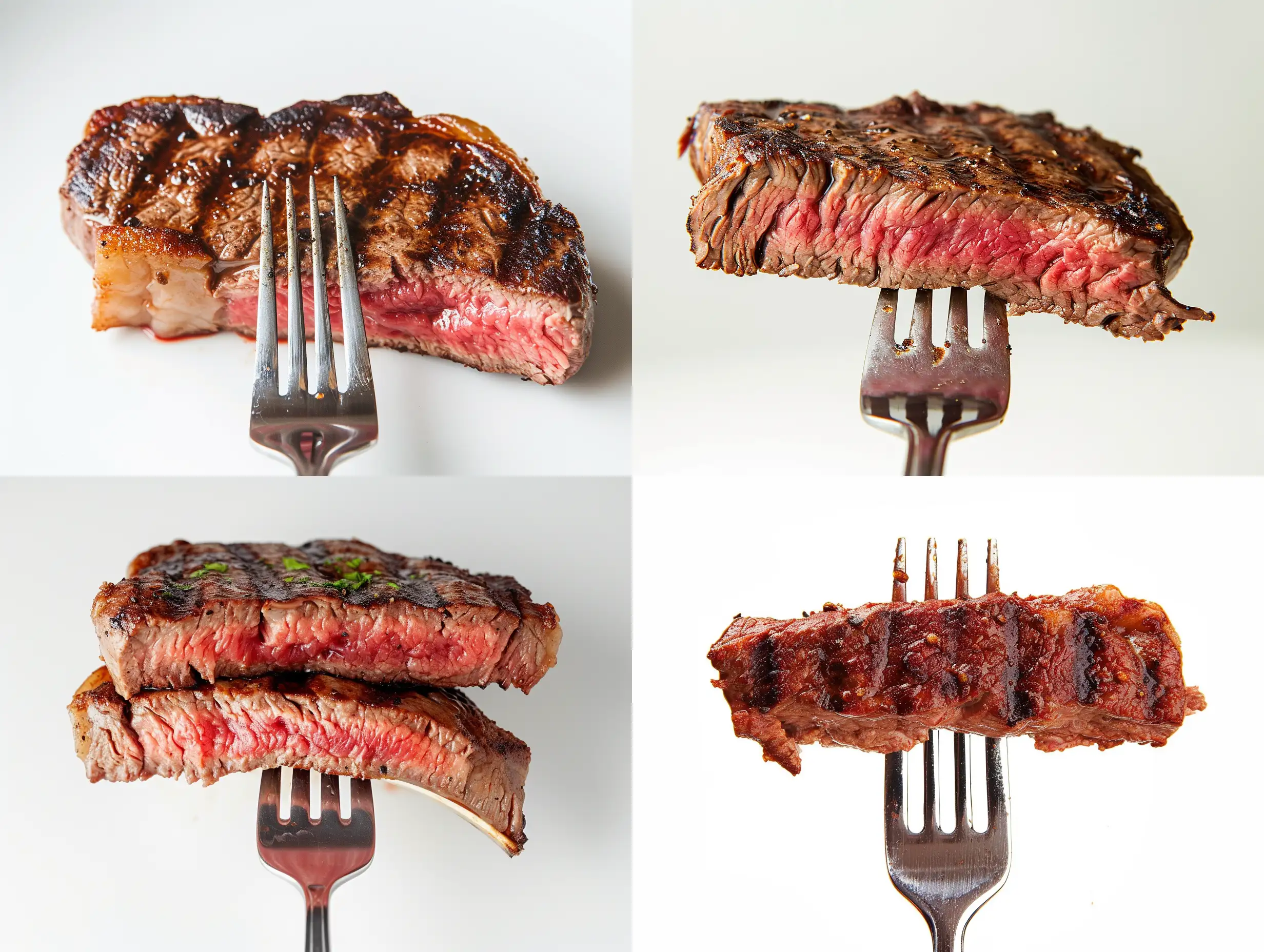 a grilled over sized steak on a fork, photo, high quality, white background