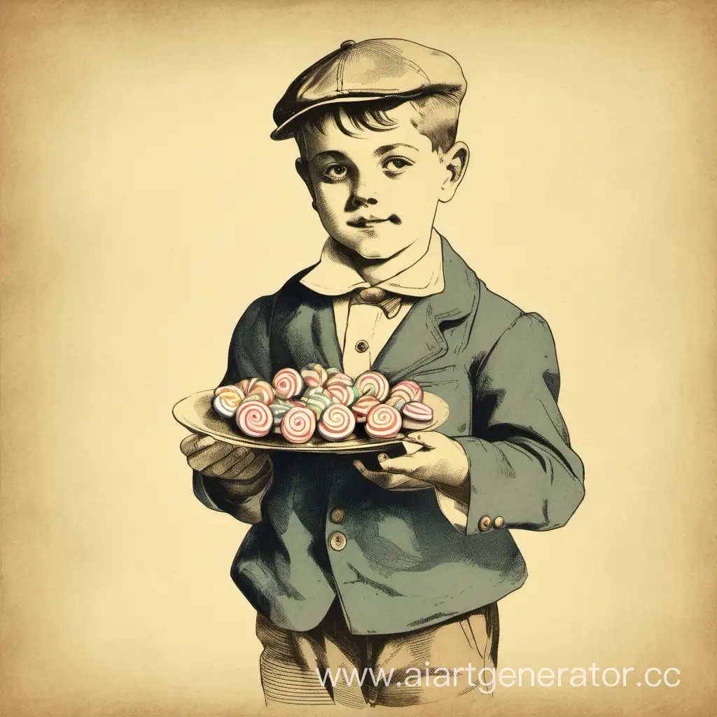 портрет мальчика, мальчик держит в руках конфеты, винтажный рисунок 