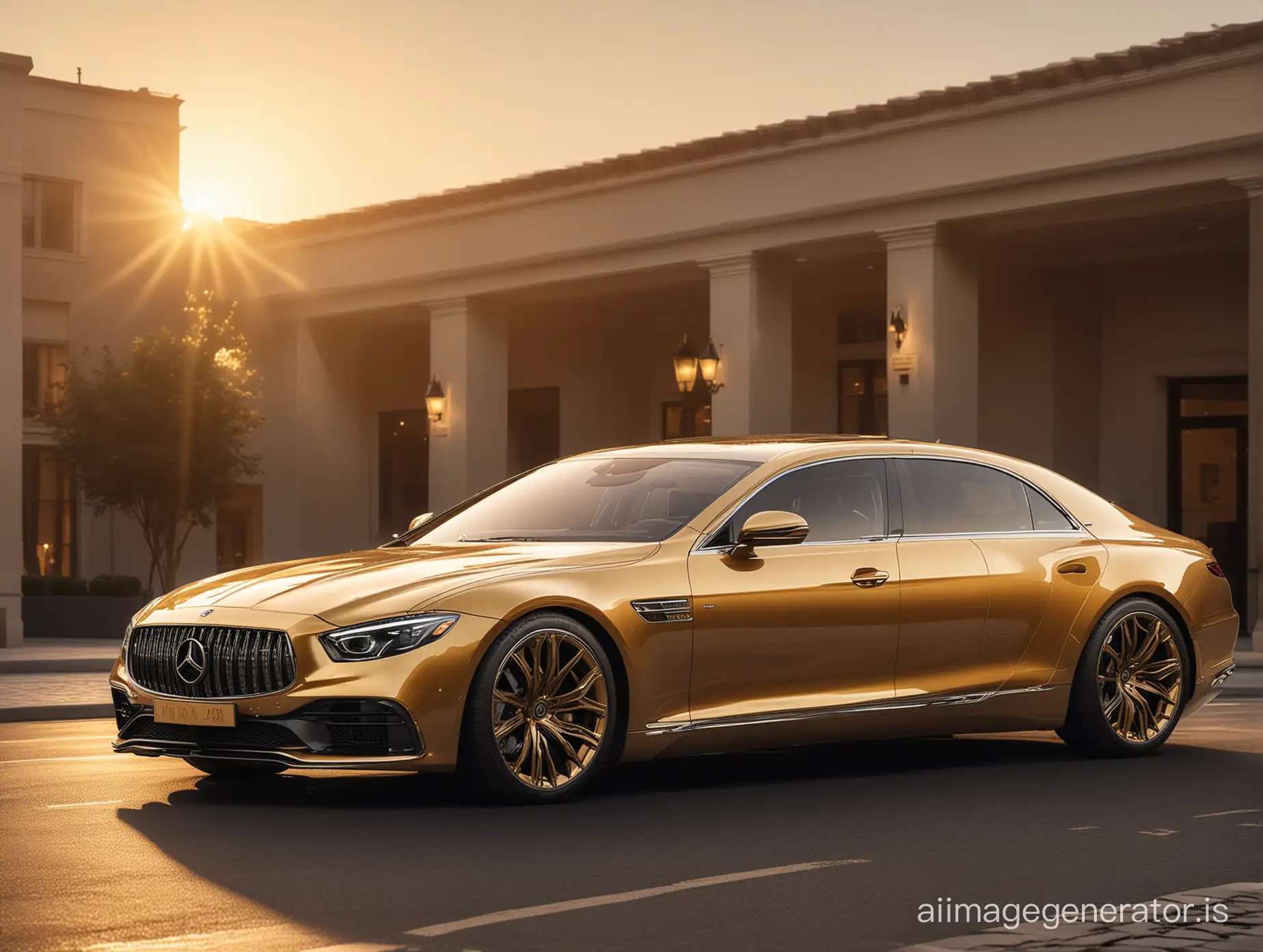 Create the ultimate executive luxury car, taking design elements from all known brands and models throughout history. Realistic photograph. golden hour.