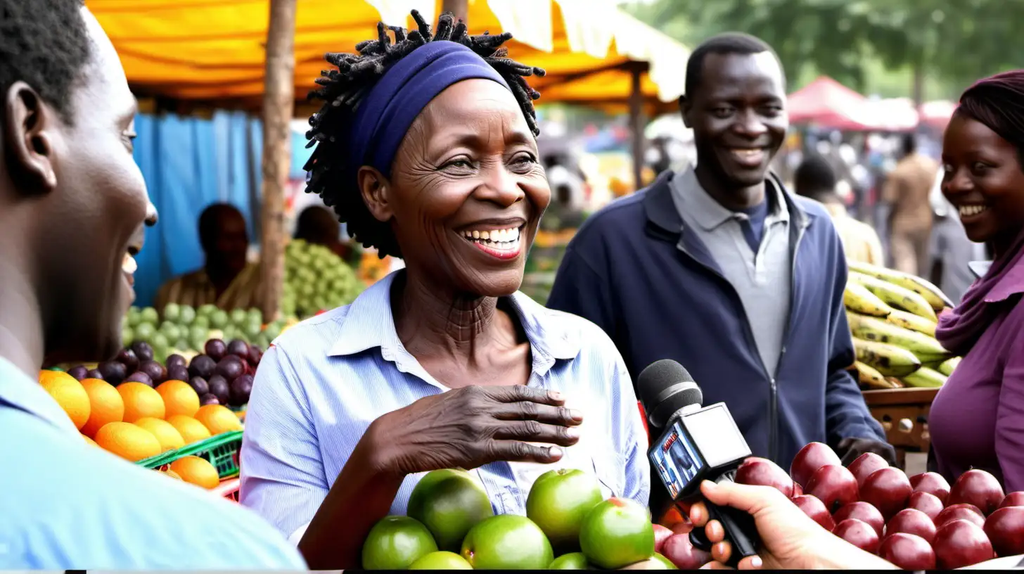 Smiling African mature woman fruit vendor being interviewed by news crew at the market with people around happy