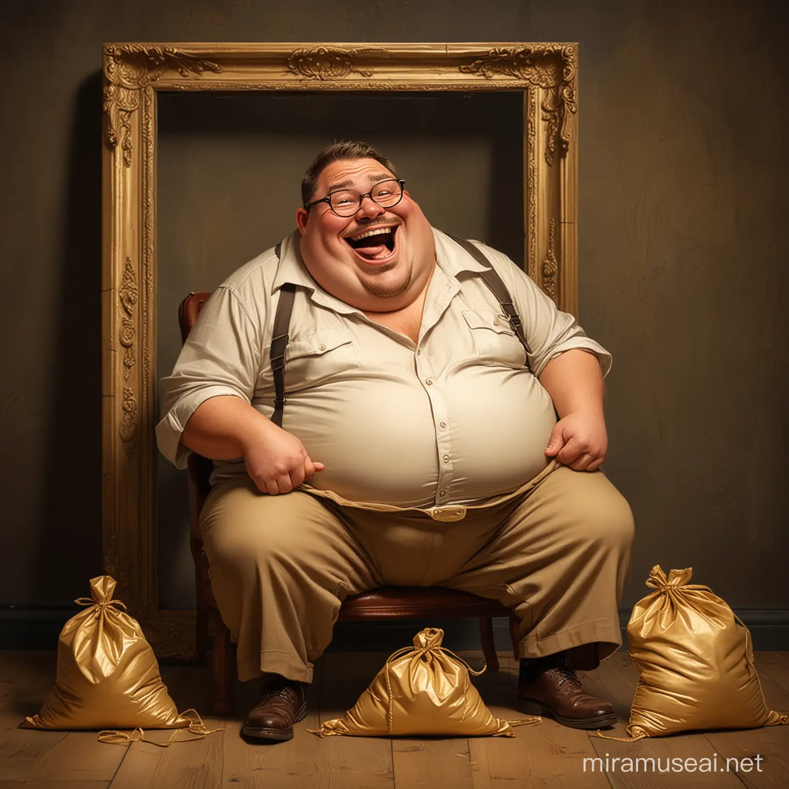 A caricature of a fat man with big stomach, putting on cold chains, and over sized frame eye glasses, laughing, on suite , seating on a chair with gold sack on  the floor, on a dark dramatic background 