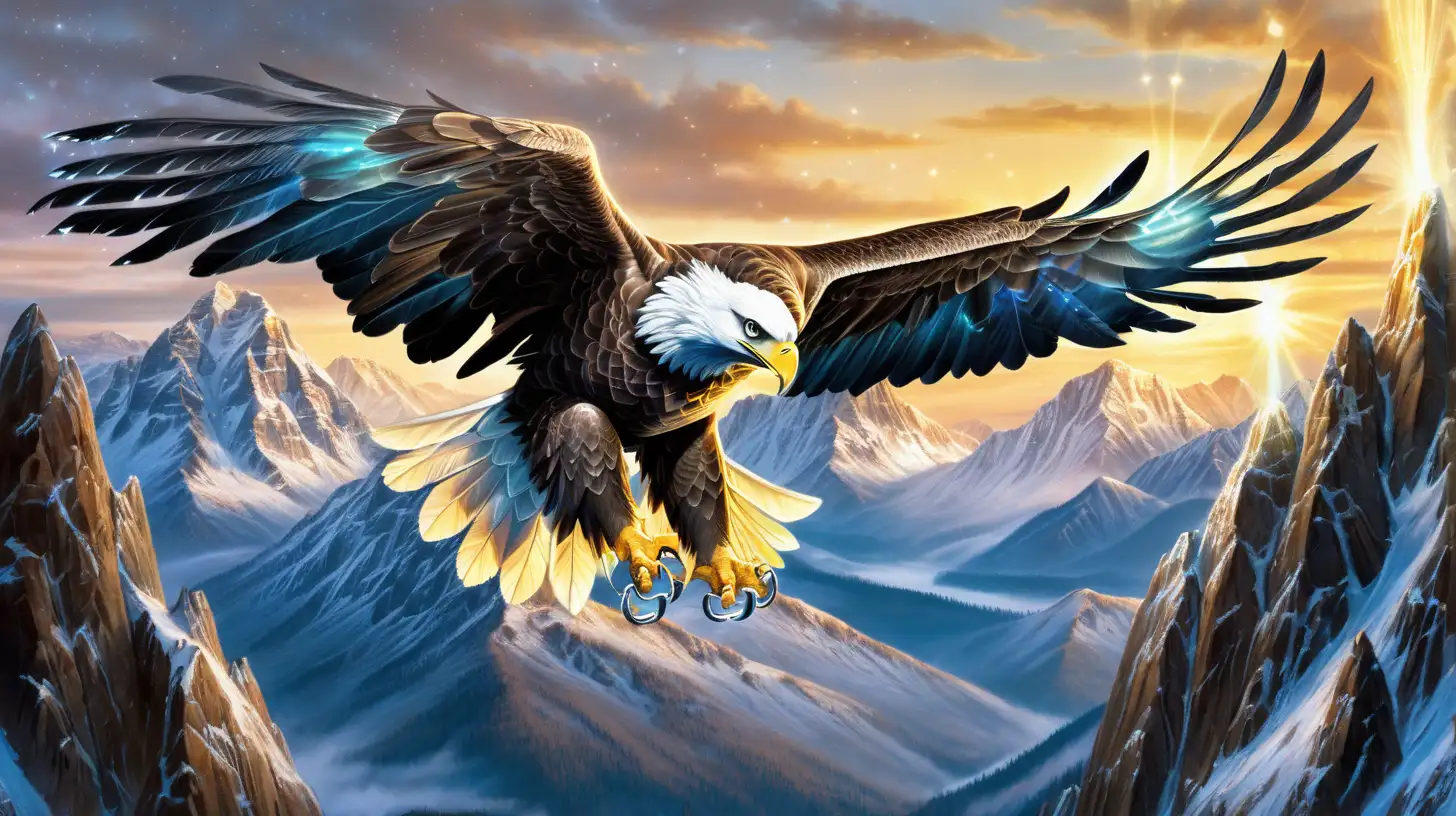 a magical silver eagle flying above mountain tops with glowing talons. not brown