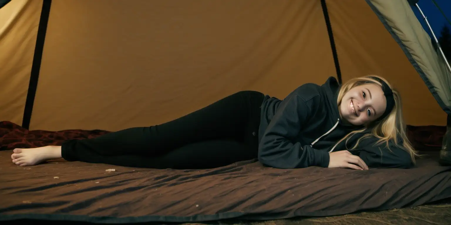 Smiling Young Woman Relaxing in Tent at Night with Dirty Feet