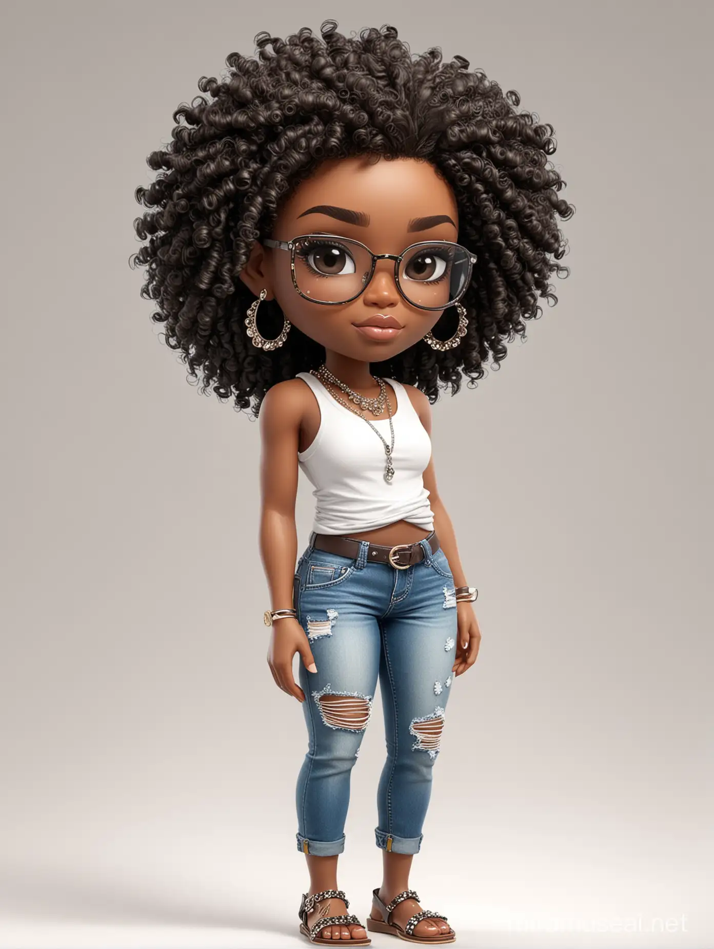 Create a absract art style image chibi image of a black female with shoulder length tightly curl afro, black silky and brown eyes. Long eye lashes wearing a torn jeans and tank top with diamond studded "pretty" on the front, sandals , plus size body style. Diamond studded glasses and hoop earrings forward facing, 2k, white background