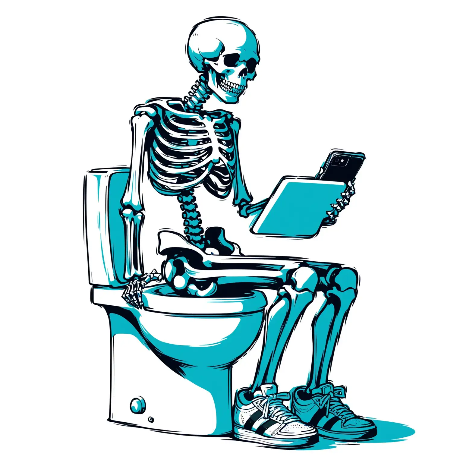 illustration of a skeleton sitting on the toilet typing on the phone wearing a pants fall at his feet and a sneaker, light blue inner shadow, on white background