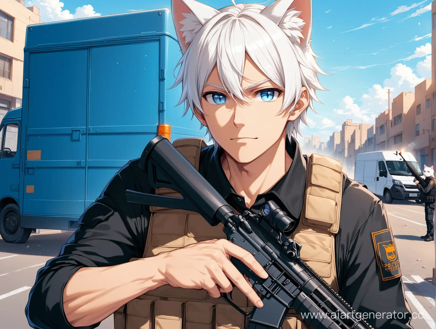 Мужчина с белыми волосами, с кошачьими ушами, с винтовкой в рук и в бронежилете, в чёрной кофте, с голубыми глазами, а на фоне машина почтальона