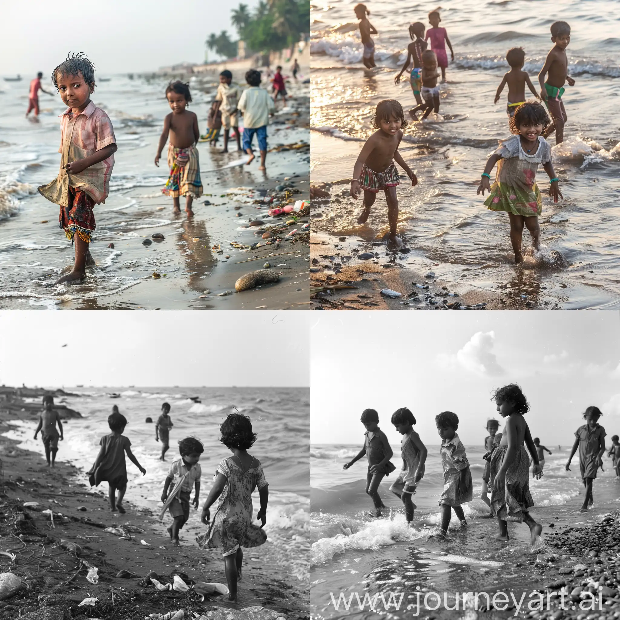 children walking on the sea shore in the poor clothes playing all around and seeking some fun