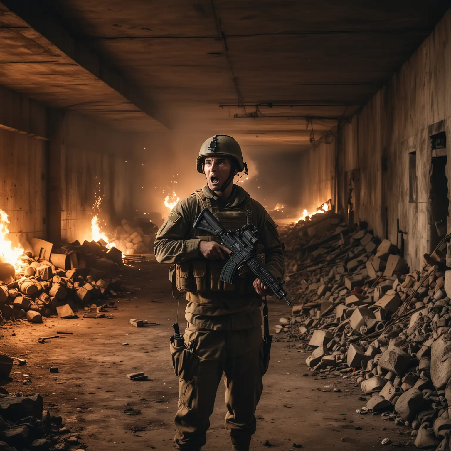Shocked Military Soldier Surrounded by Fires in Underground Bunker
