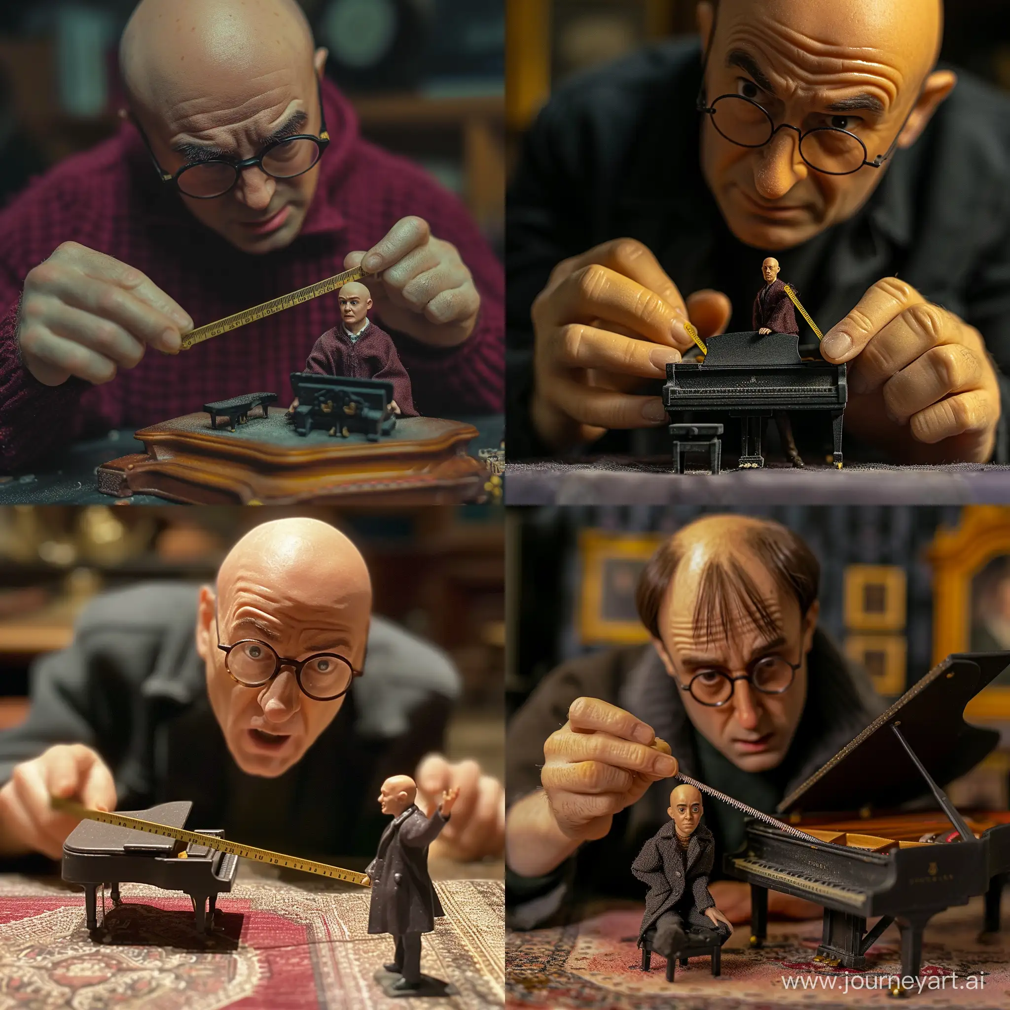 Harry Poter witha frantuc agitated face. He is measuring a figurine of a bald male piano teacher.