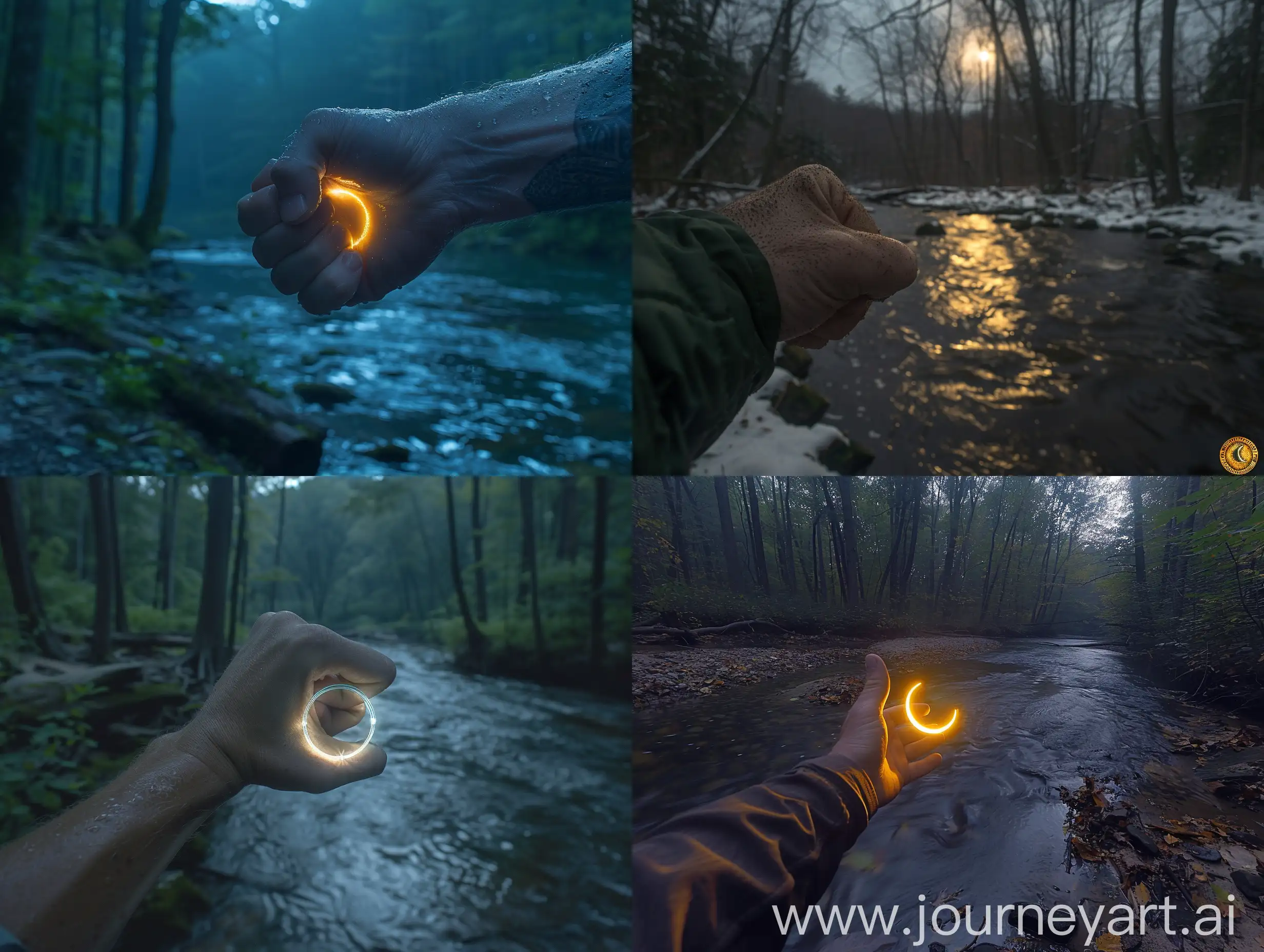 A first-person POV shot of one hand forming a circle across its fist and showing a crescent moon feeling light on a dark night, in a forest and a river --ar 4:3 --s 500 --style raw --v 6