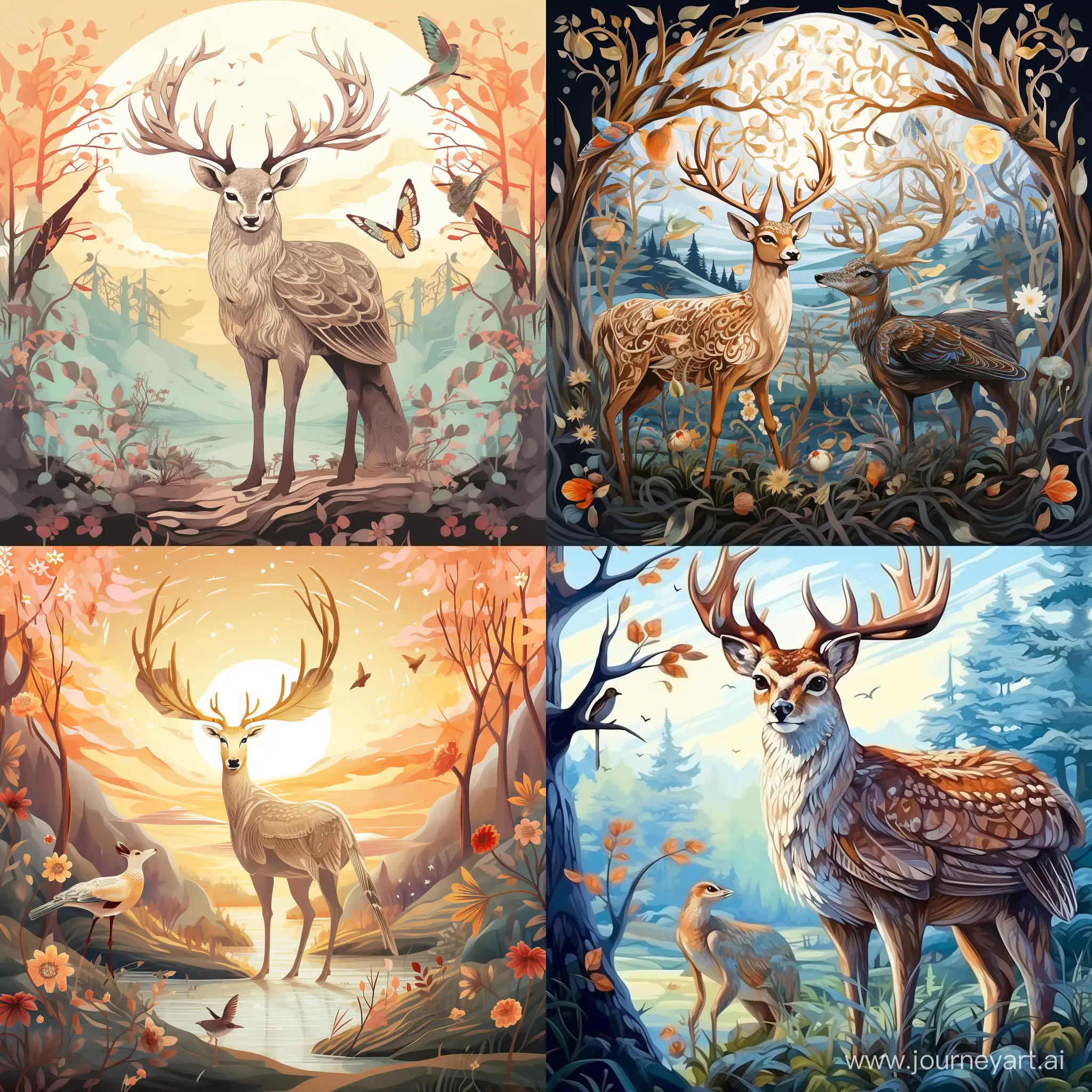illustration for fairytale, old owl and graceful deer in a land of endless wonders, sunny day