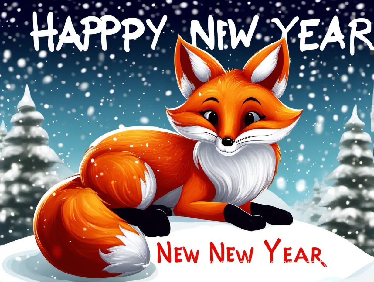 

A red fox with “Happy new snowy year” written in background 