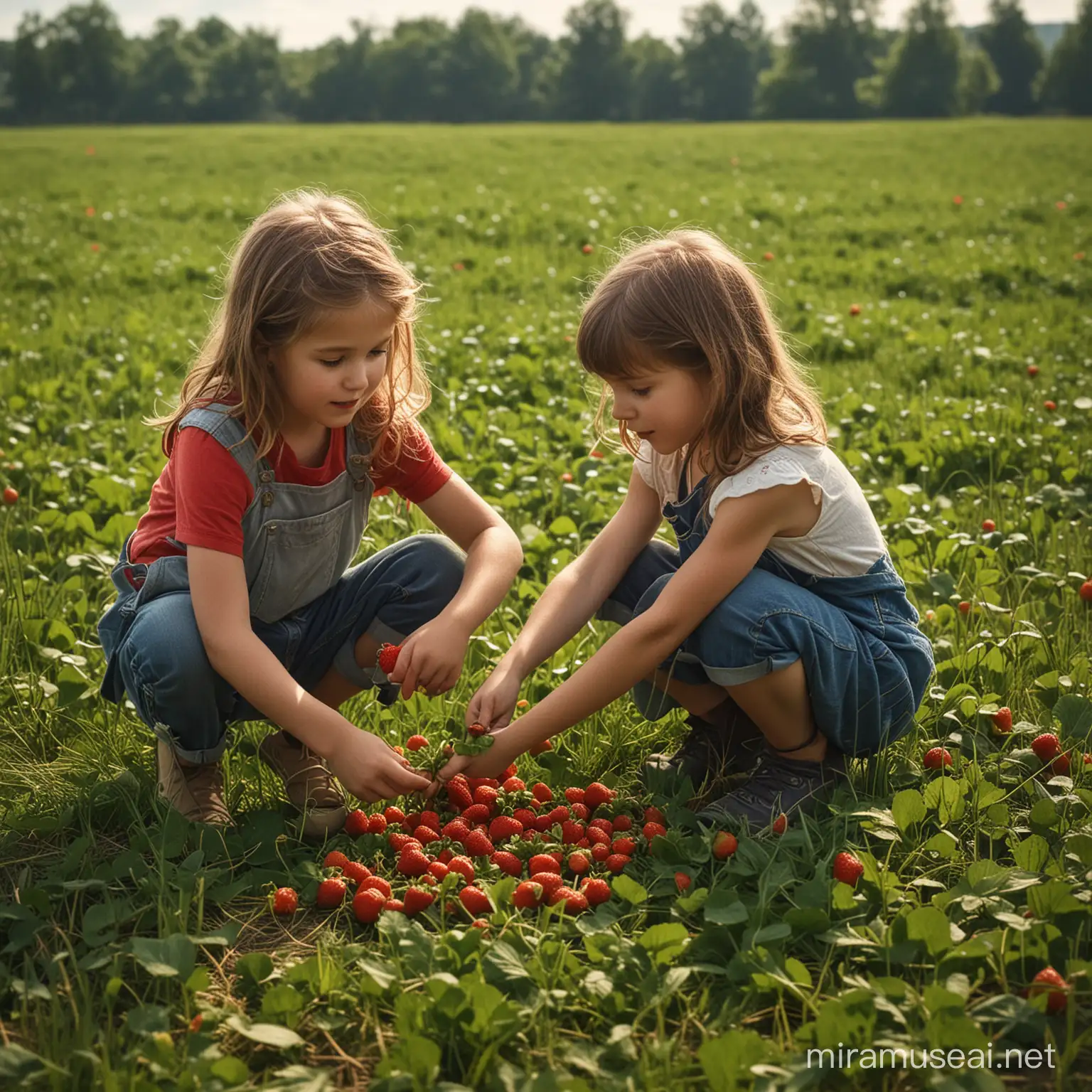 в стили хуудожника ..дети собирают землянику в траве в поле. контражурр освещение.