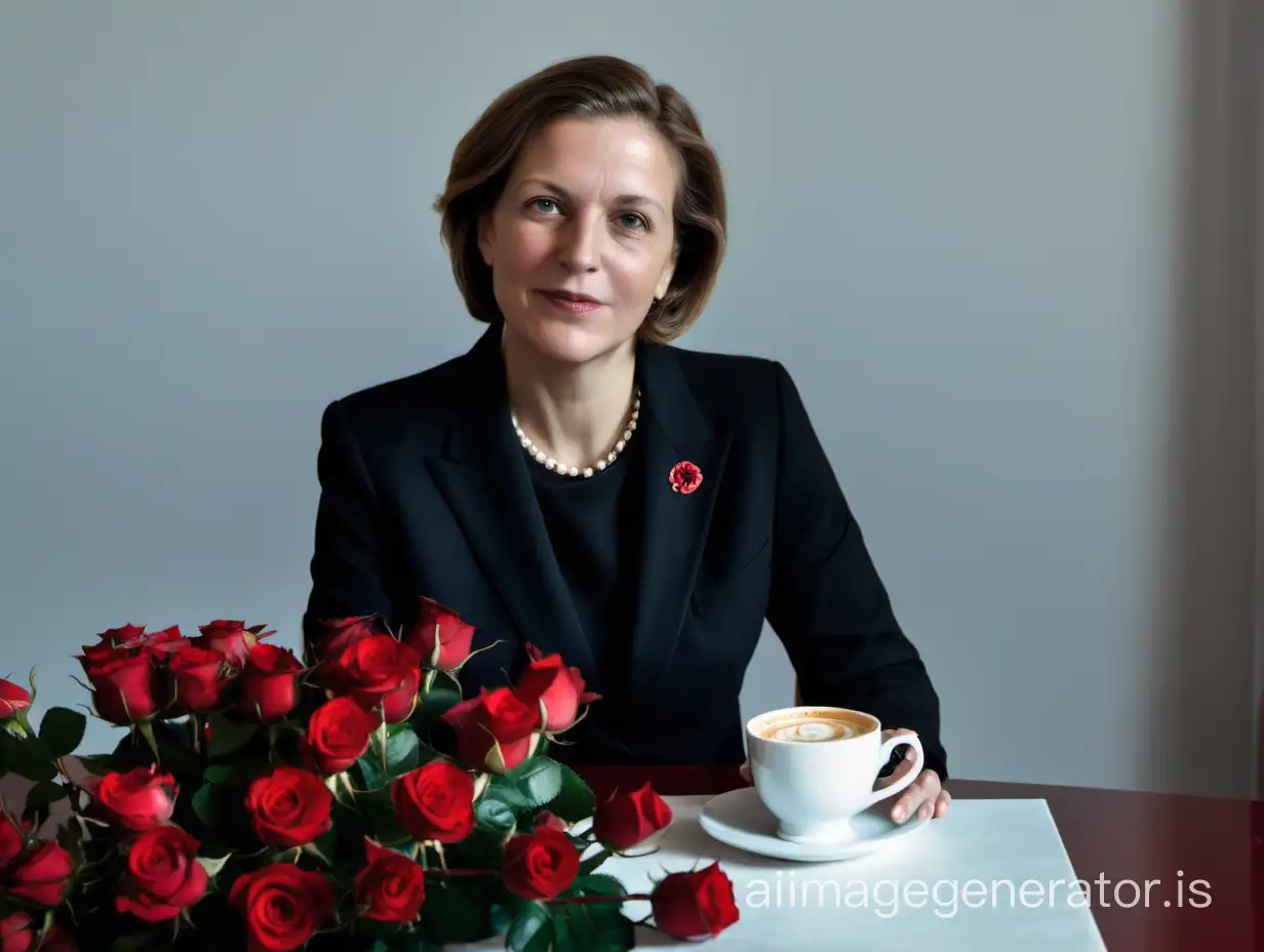 Foreign-Minister-Annalena-Charlotte-Alma-Baerbock-Enjoying-Coffee-with-Scarlet-Roses-Bouquet
