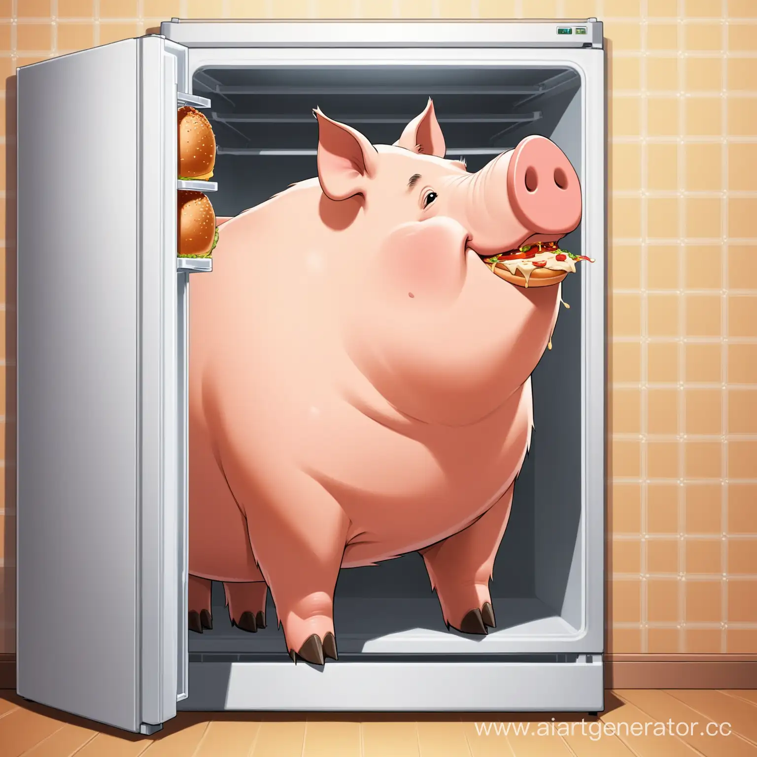 Большая свинья которую зовут Костя пожирает еду из холодильника
