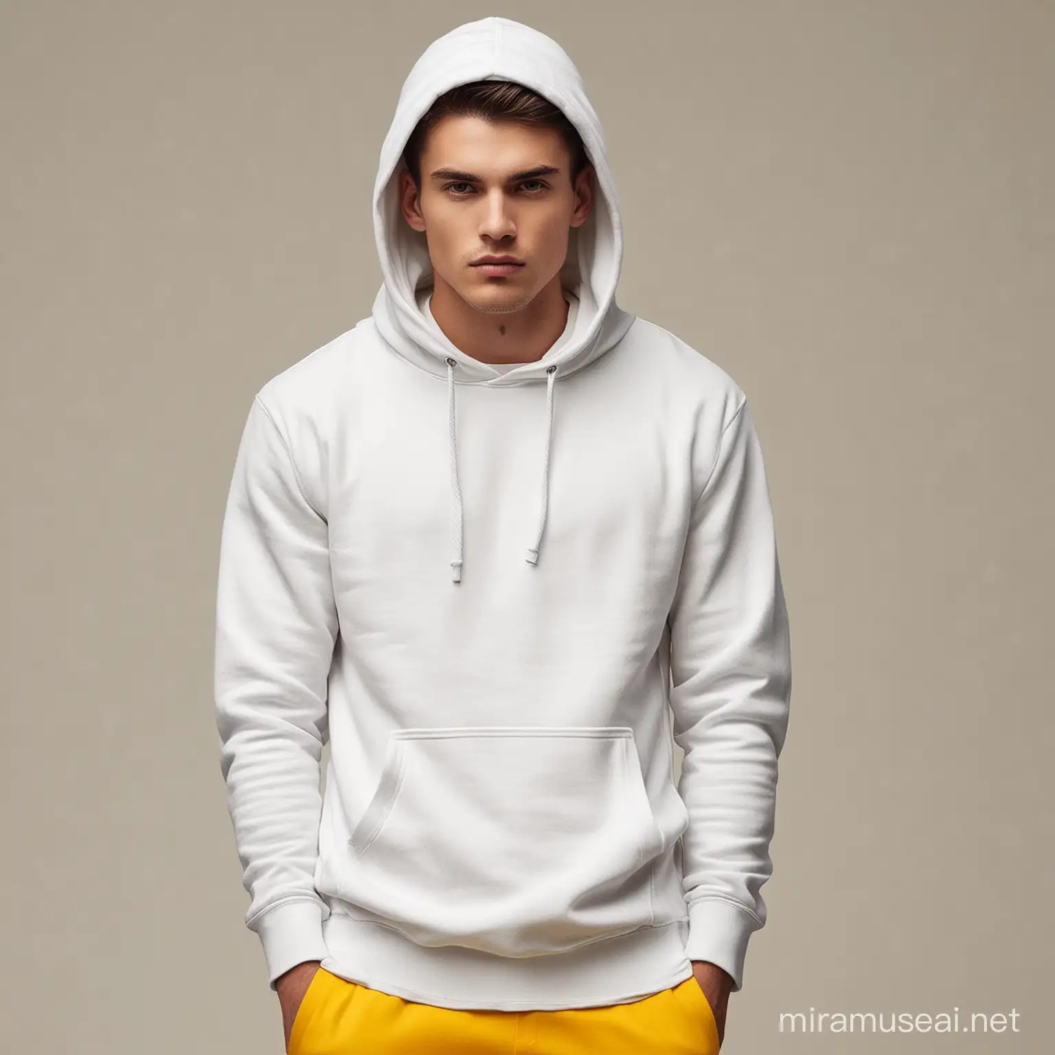 Create me a male model wearing a plain white hoodie with no collar, yellow background. Show the model's entire body