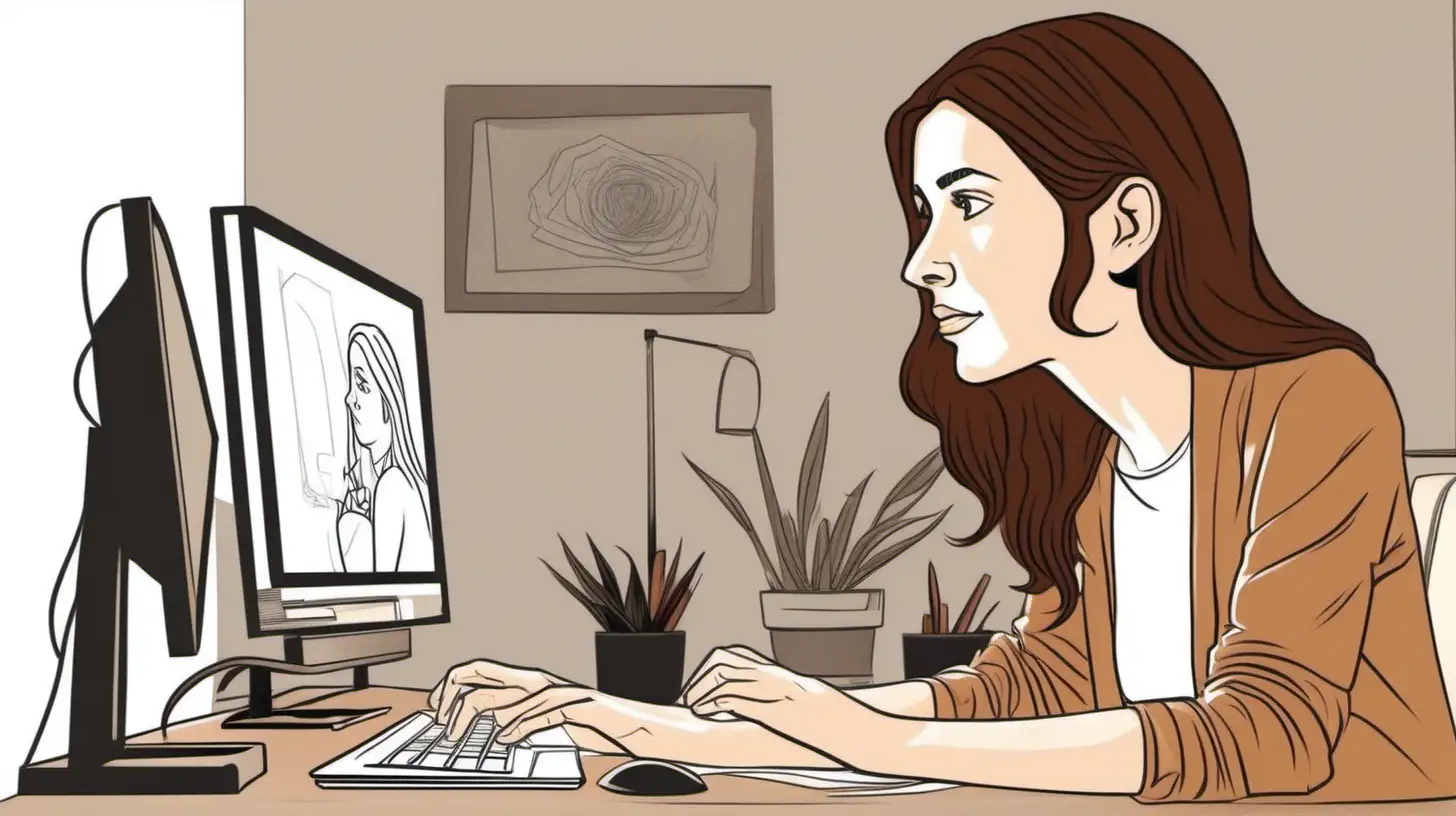 illustrate A  35-year-old brown-haired woman prepares animation on the computer, at home